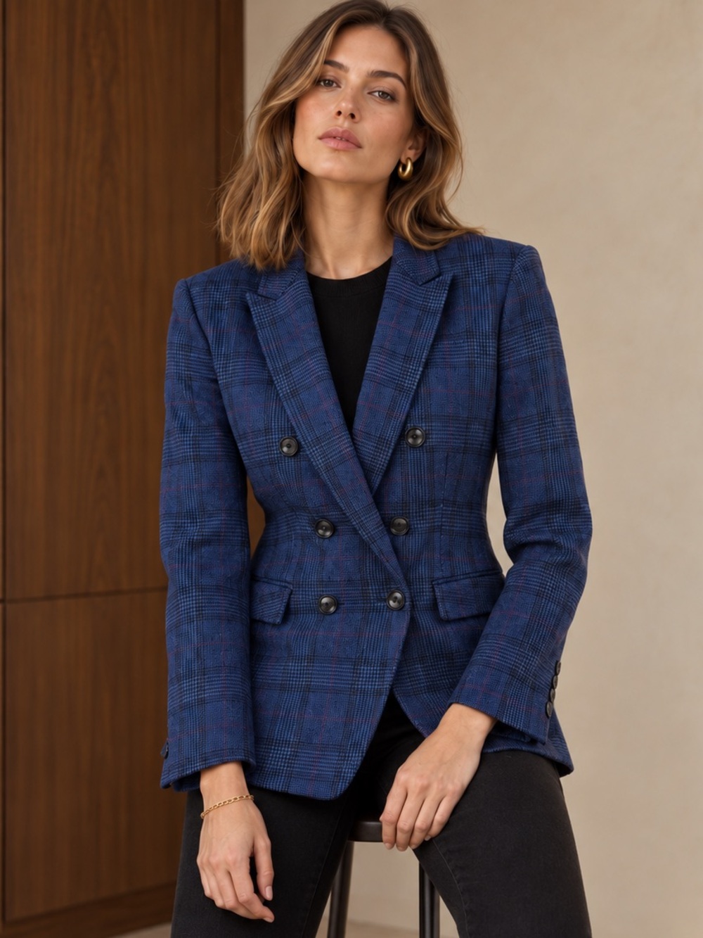 Banana Republic Wool Blend Plaid Double Breasted Blazer Blue Size 4